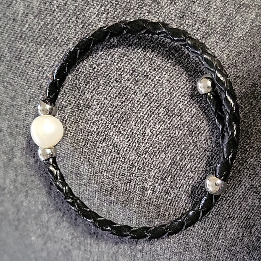 Cultured Pearl And Braided Leather Bangle Bracelet